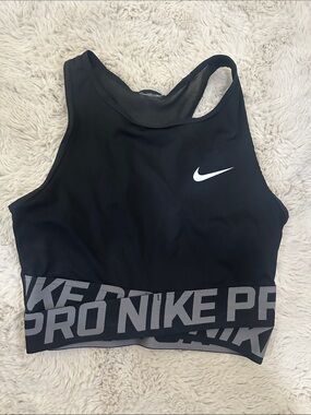 Nike Black Sports Bra with White Swoosh and Gray Logo Band